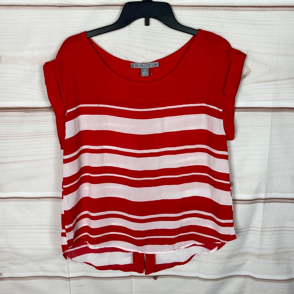By Design Top Womens M Red White Stripe Blouse Split Back Scoop Neck Pullover
